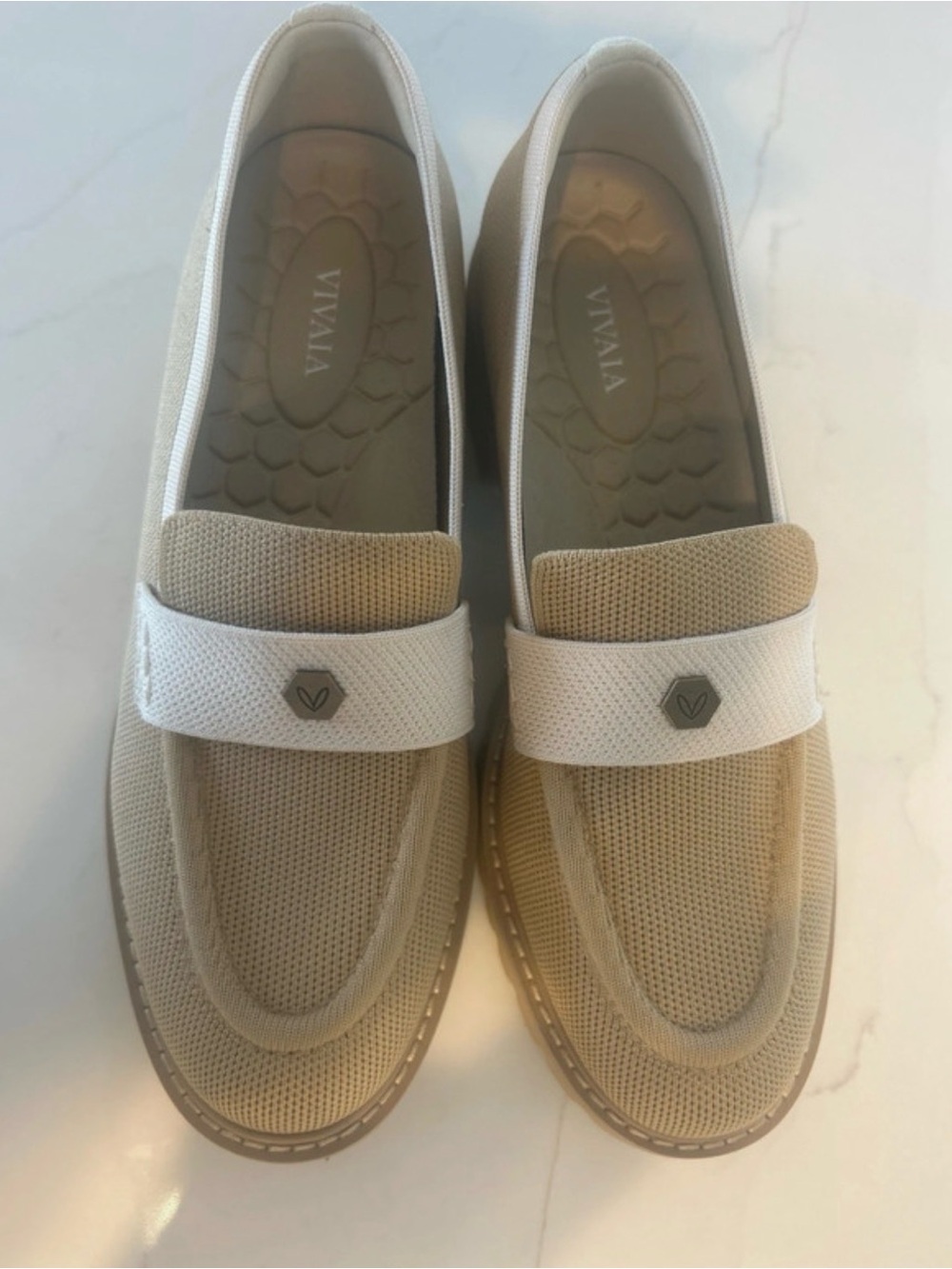 Vivaia Beige and White Mesh Loafers